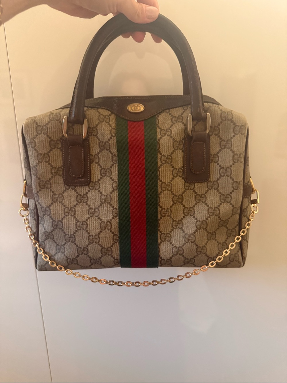 Gucci Brown GG Monogram Satchel with Green and Red Web